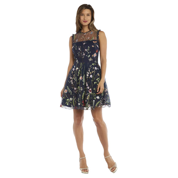 Morgan & Co Navy Lace Floral Embroidered Illusion Garden Fairy Short Formal Gown - Picture 1 of 16